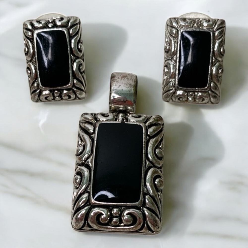 Vintage Earrings and Pendant Jewelry Set, Silver and Black